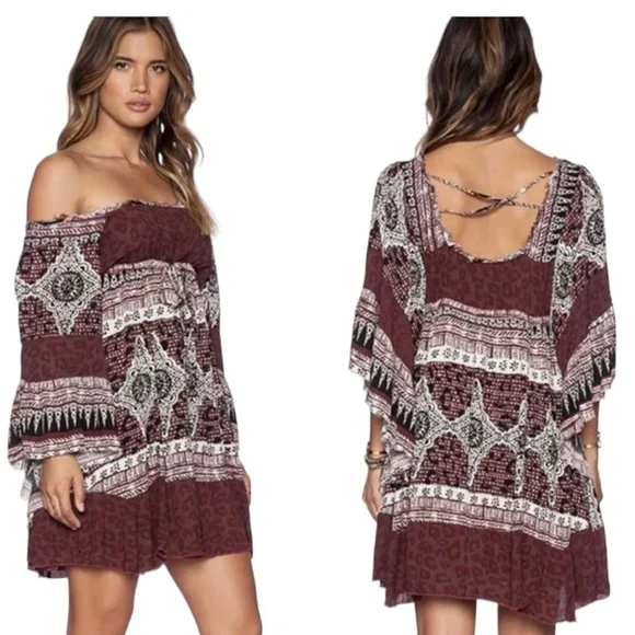 Free People Heart of Gold Brown Boho Peasant Dramatic Sleeve Short Dress Small - Picture 7 of 13